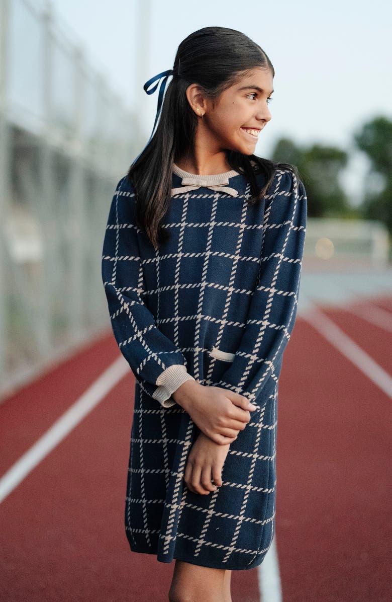 Hope & Henry Kids' Organic Puff Sleeve Bow Detail Intarsia Sweater Dress, Alternate, color, Navy And Taupe Windowpane