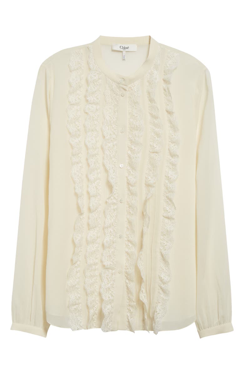 Chloé Ruffle Front Silk Georgette Shirt, Alternate, color, Pristine White