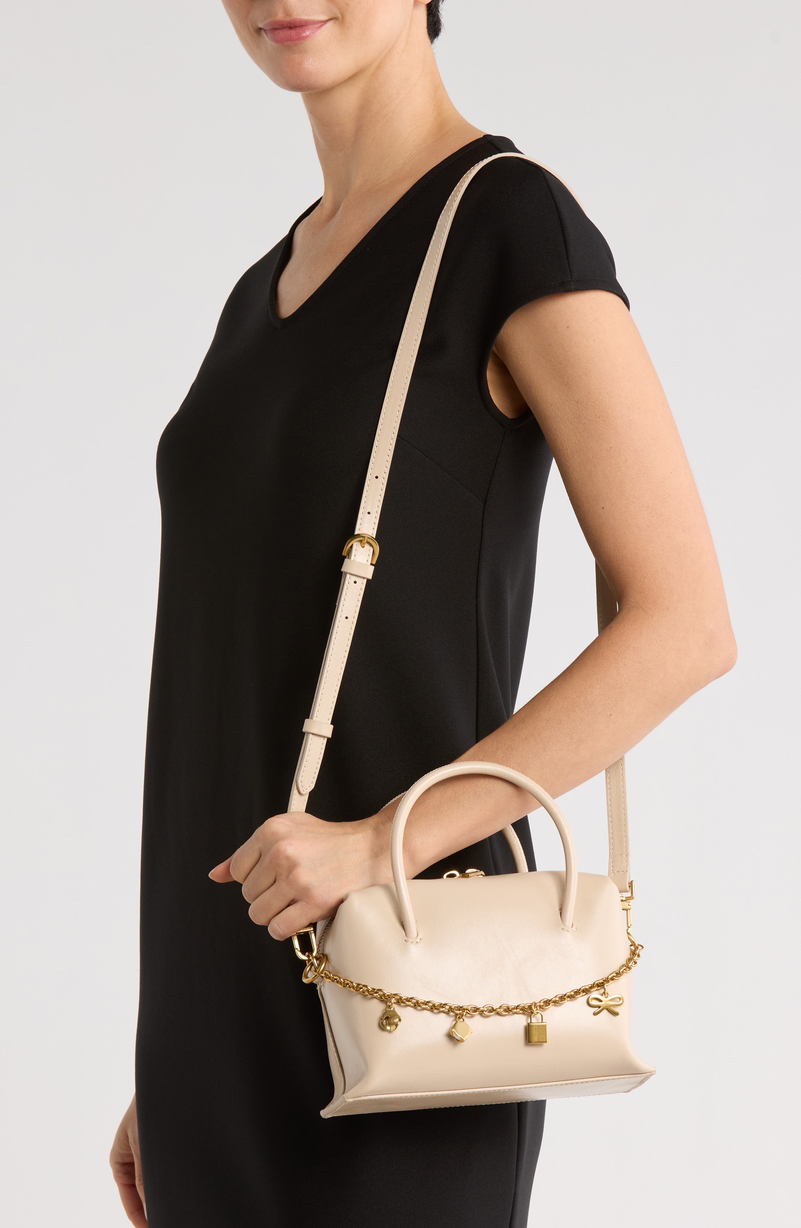 Ted Baker London Vera Charm Leather Satchel, Alternate, color, Shiny Open White