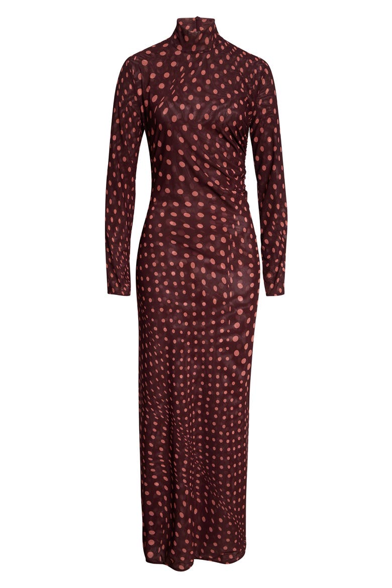 Polka Dot Mesh Long Sleeve Ruched Maxi Dress, Alternate, color, BURGUNDY/ PINK