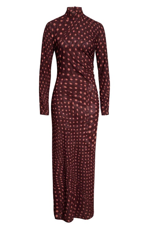 Polka Dot Mesh Long Sleeve Ruched Maxi Dress