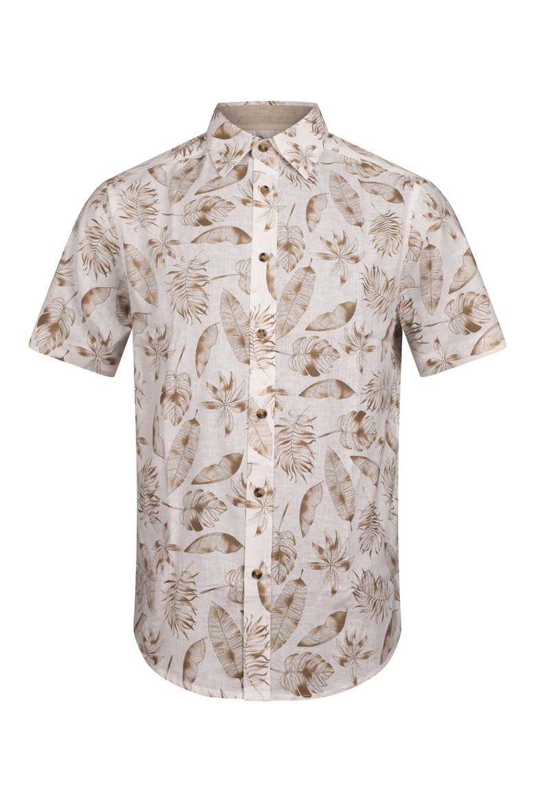 Tropical Print Short Sleeve Linen & Cotton Button-Up Shirt, Alternate, color, BEIGE