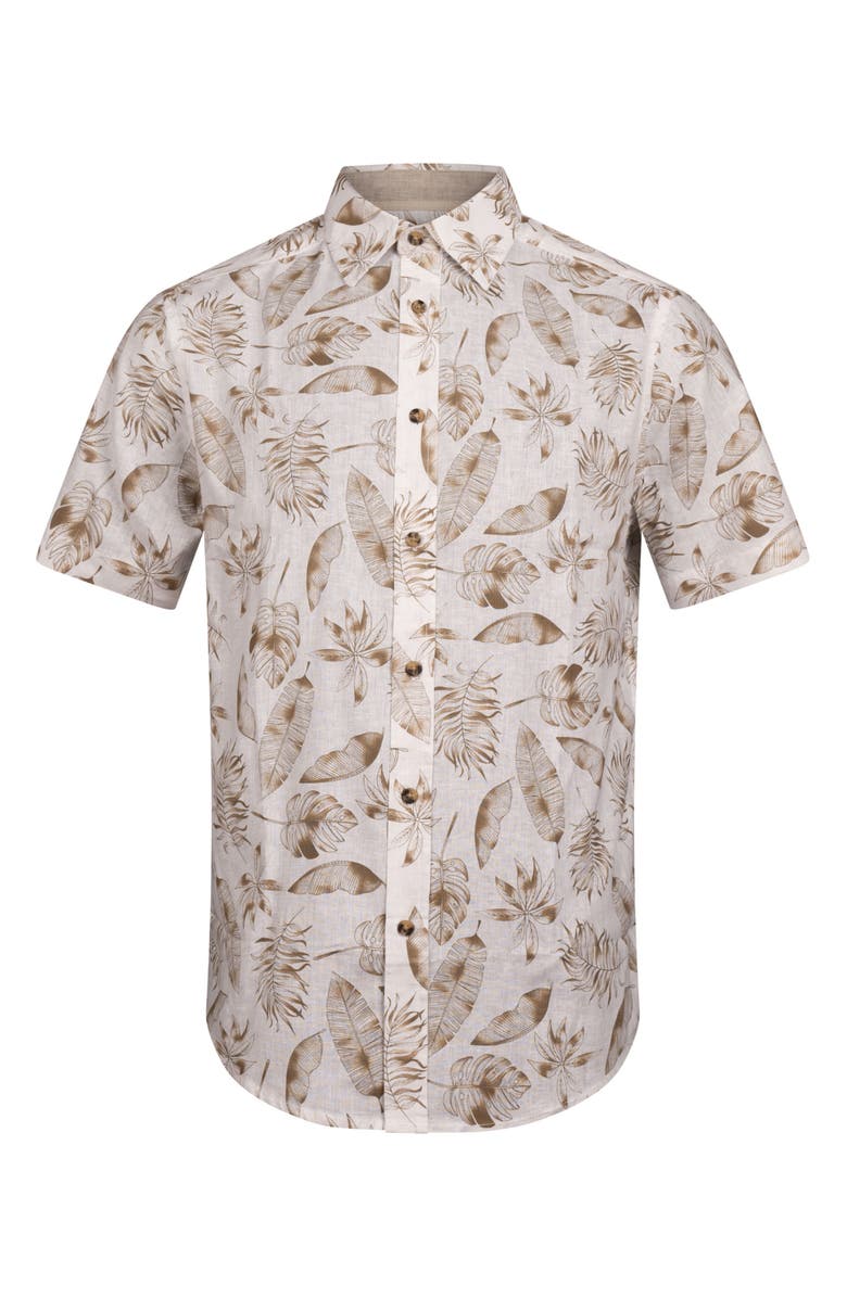 Report Collection Tropical Print Short Sleeve Linen & Cotton Button-Up Shirt, Alternate, color, Beige