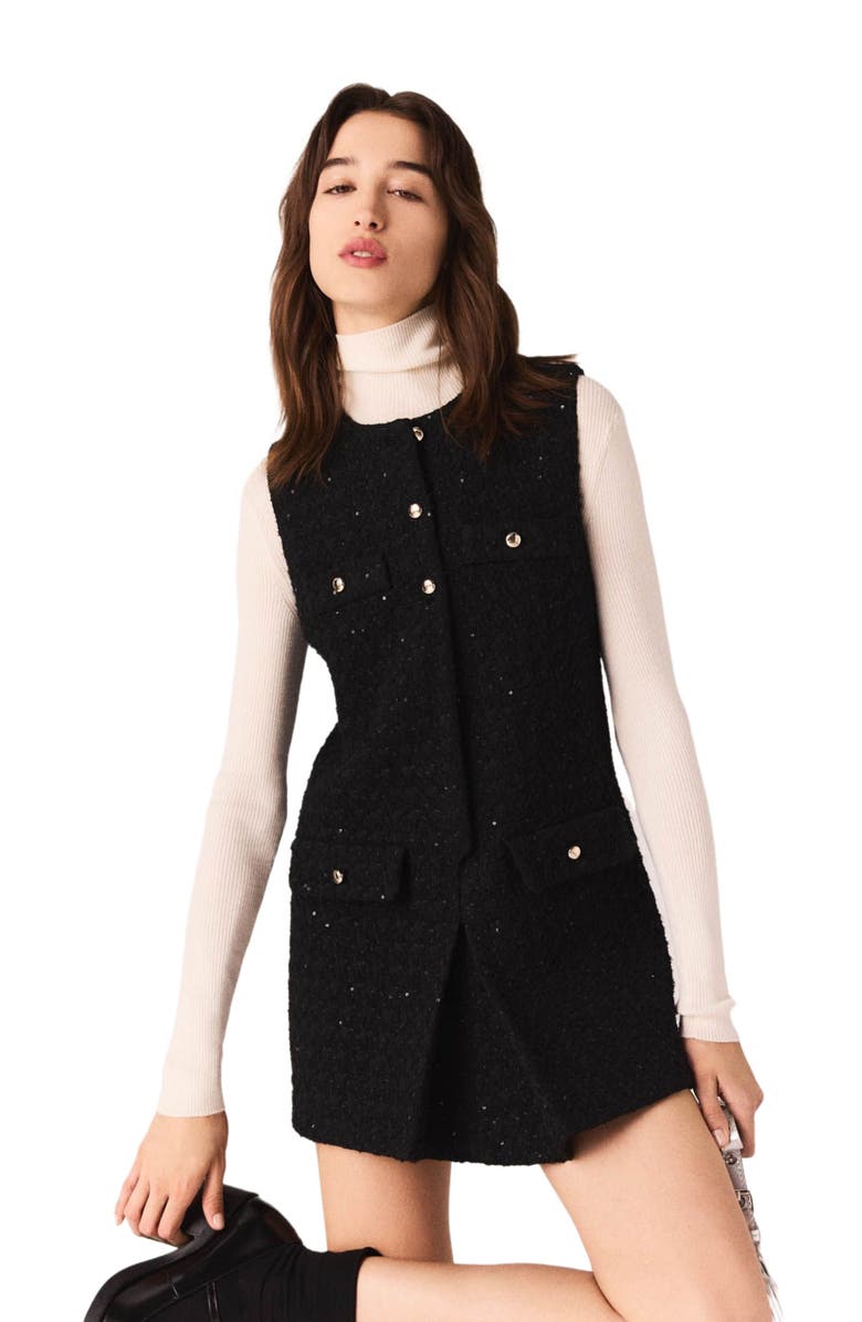 maje Tweed playsuit with rhinestones, Alternate, color, Black