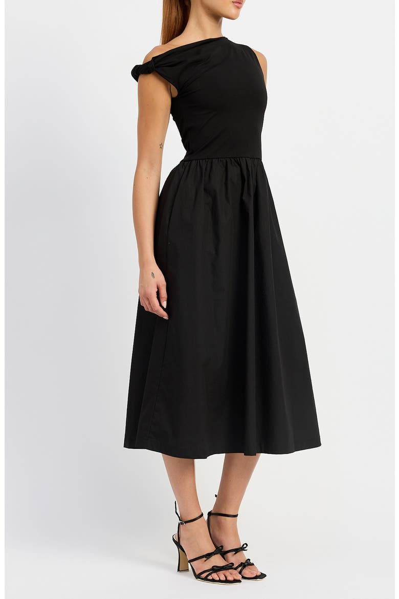 Mixed Media Asymmetric Neck Midi Dress, Alternate, color, BLACK