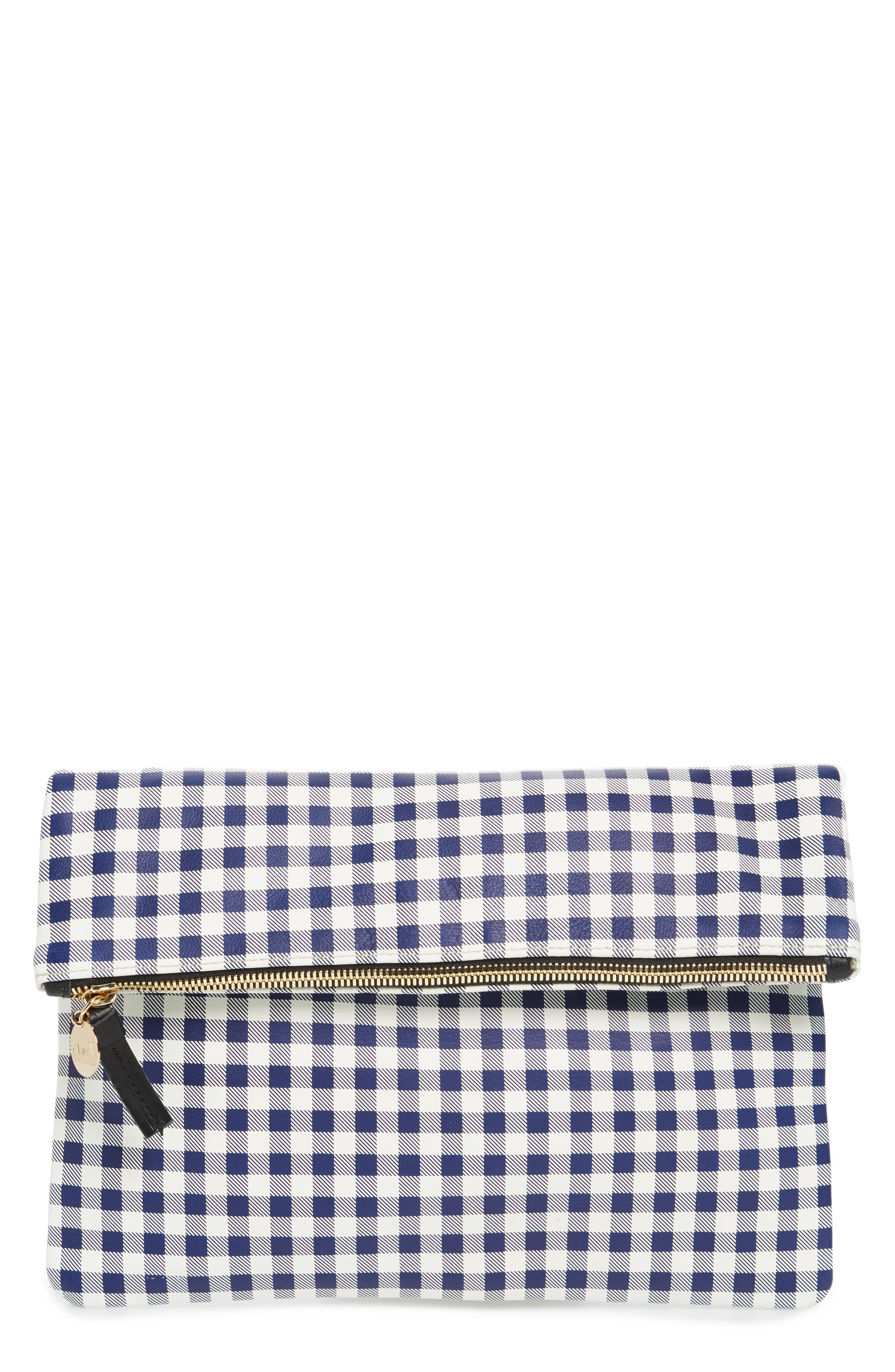 Clare V. Gingham Leather Foldover Clutch, Main, color, 