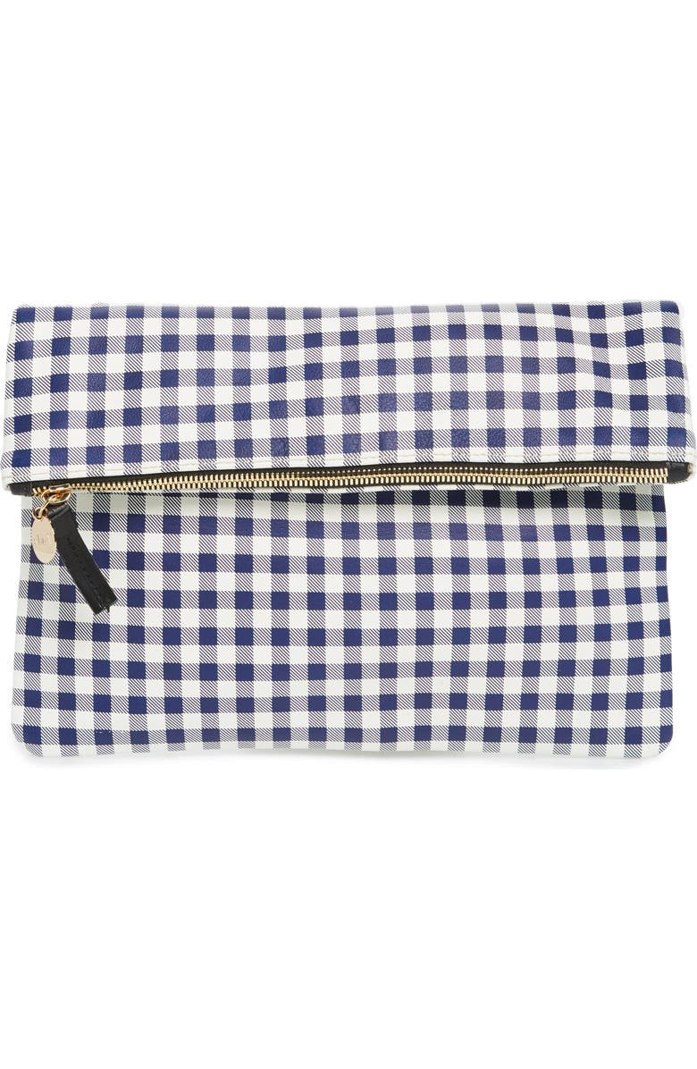 Clare V. Gingham Leather Foldover Clutch, Main, color,