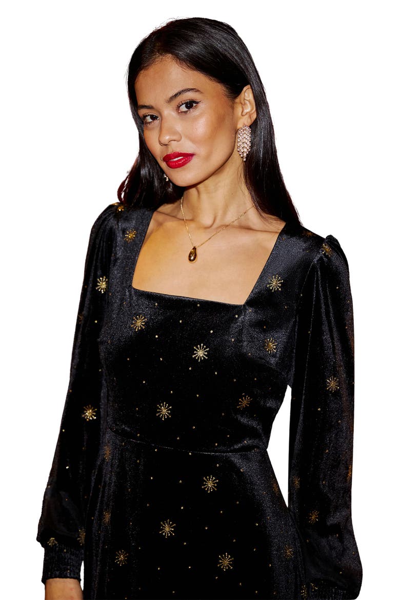 Foil Print Velvet Midi Dress, Alternate, color, Black