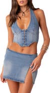 EDIKTED Katrina Lace-Up Denim Corset Halter Top