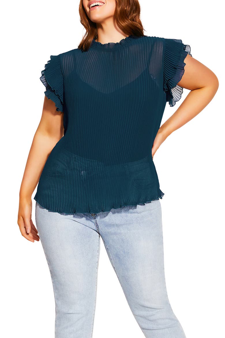Off Beat Ruffle Sleeve Top, Main, color, PETROL