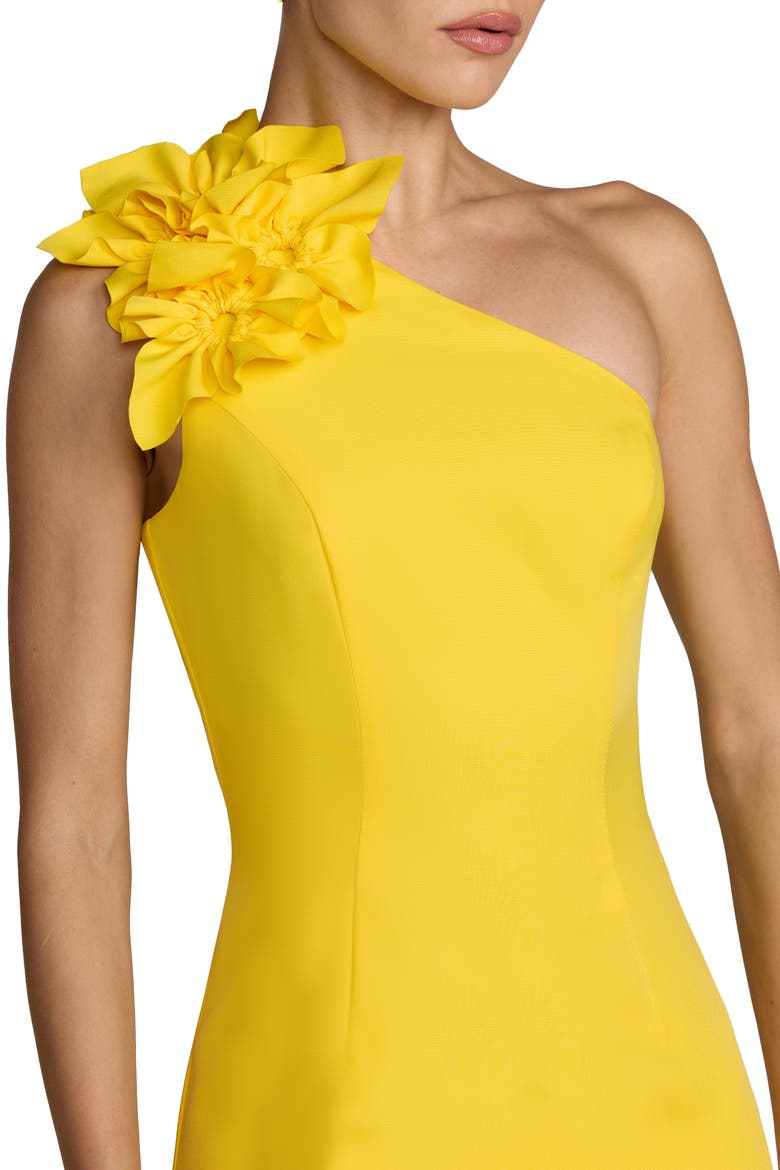 One Shoulder Crepe Column Gown With Floral Detail, Alternate, color, Sunshine
