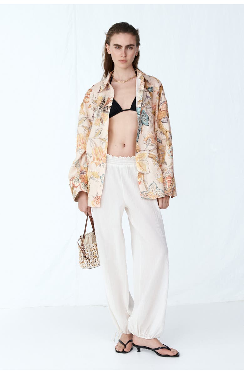H&M Oversized Linen Shirt, Alternate, color, Light Beige/Floral