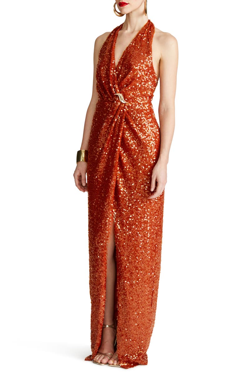 HALSTON Svetlana Foil Sequin Halter Gown, Alternate, color, 