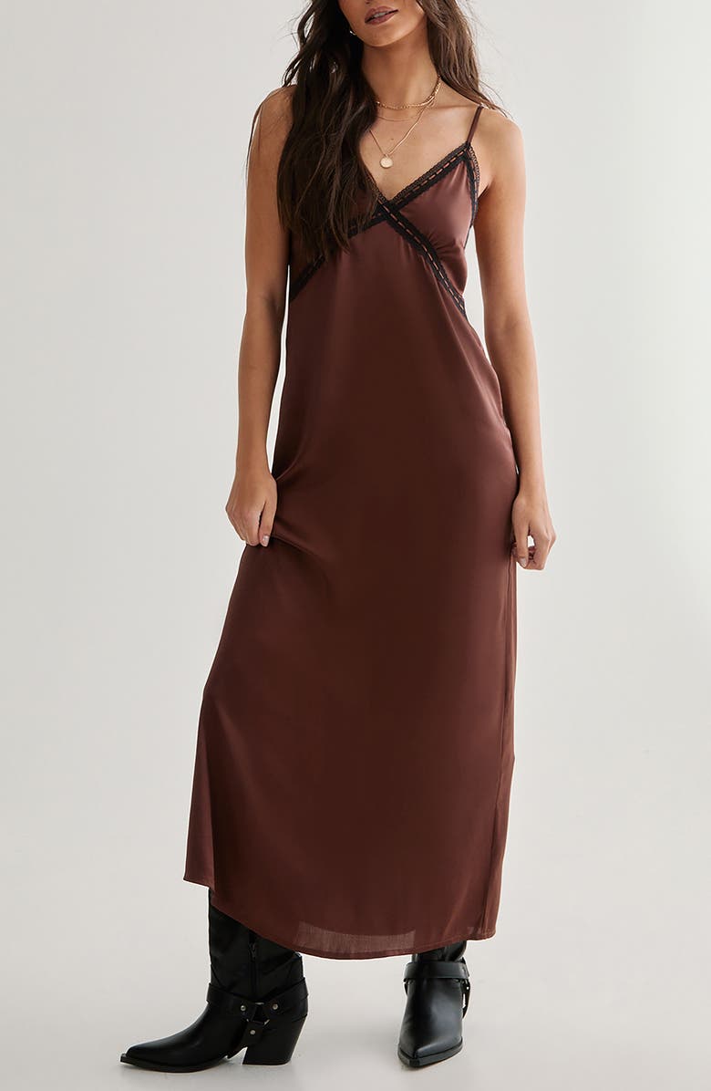 NASTY GAL Ribbon Lace Trim Satin Slipdress, Main, color, Chocolate