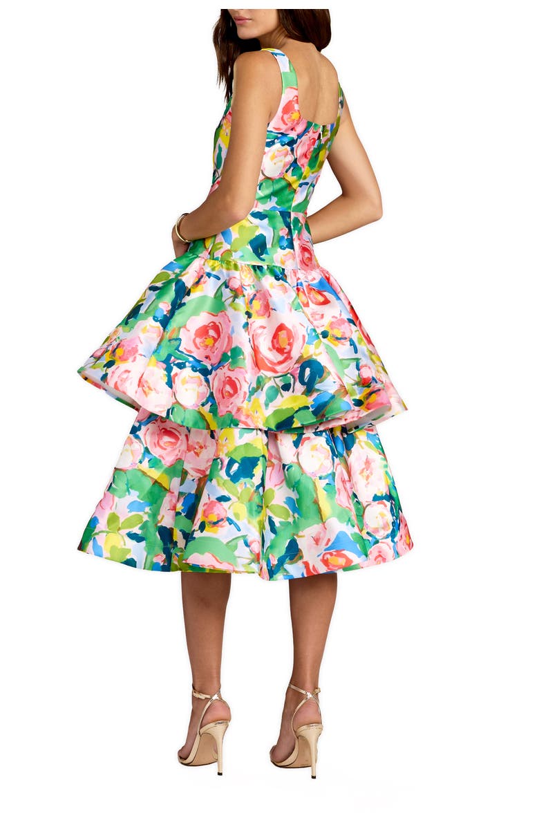 Mac Duggal Floral Mikado Sleeveless Ruffle Midi Dress, Alternate, color, Blue Multi