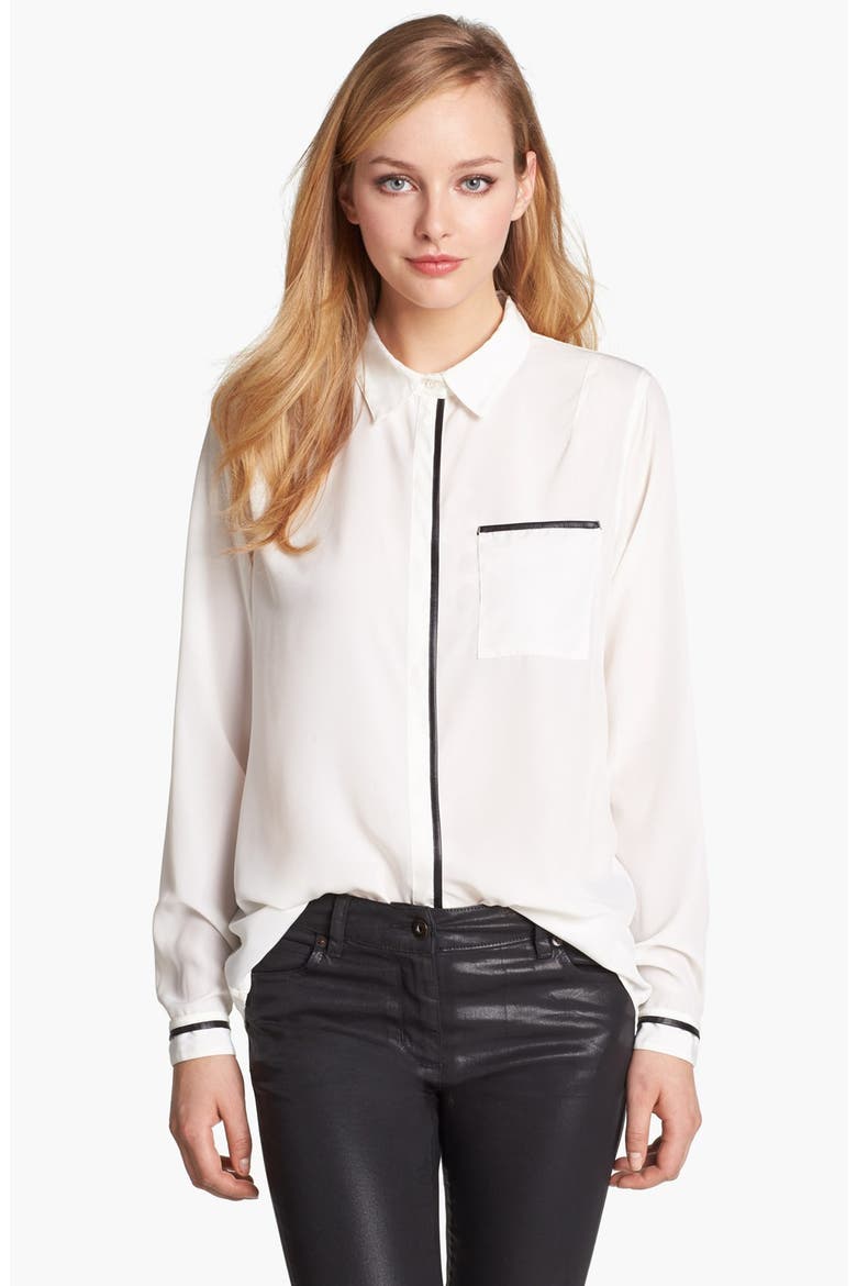 Faux Leather Trim Boyfriend Shirt, Main, color, NEW IVORY