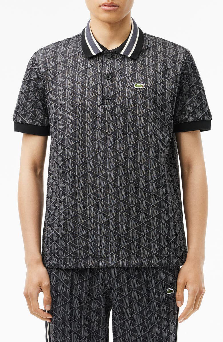Lacoste Monogram Jacquard Polo, Main, color, Black Graphite