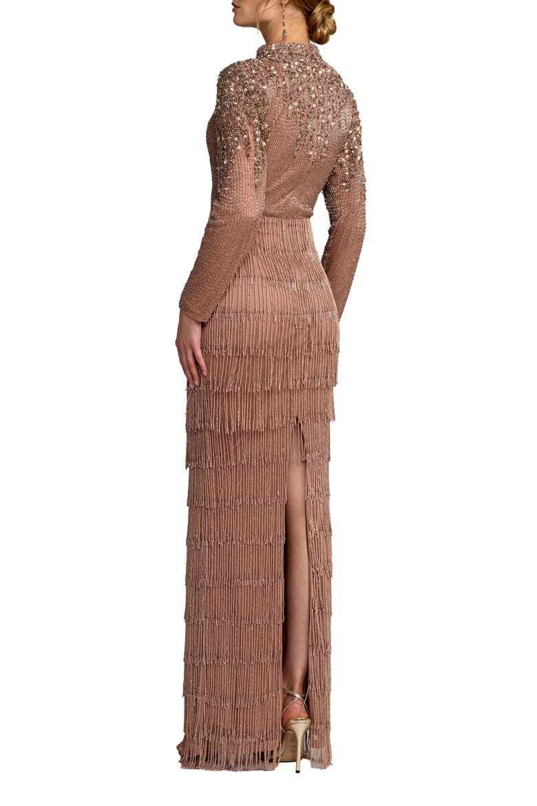 Petite Beaded Long Sleeve Fringe Column Gown, Alternate, color, Mocha