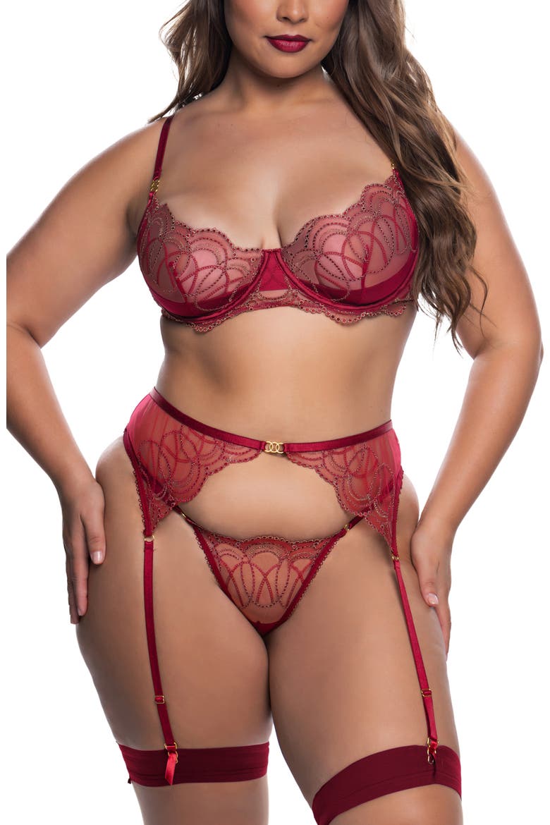 Belle Metallic Embroidered Underwire Bra, Garter Belt & G-String Set, Main, color, WINE/ GOLD