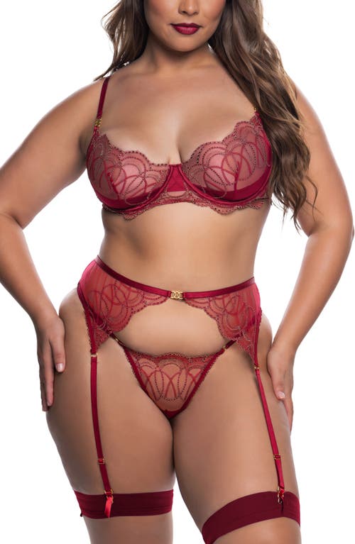 Roma Confidential Belle Metallic Embroidered Underwire Bra, Garter Belt & G-string Set In Red