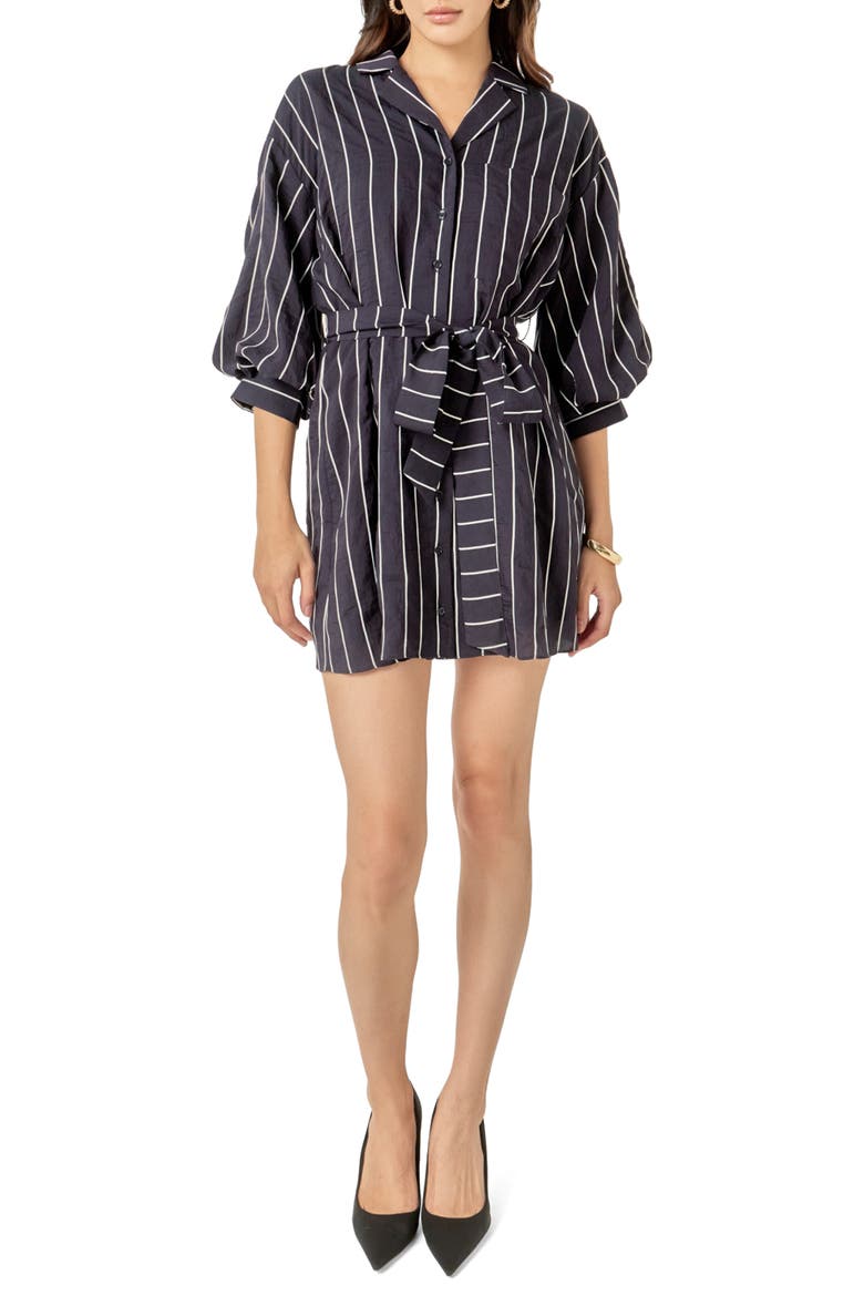 Striped Tie Waist Mini Shirtdress, Main, color, NAVY/ WHITE