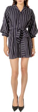 English Factory Striped Tie Waist Mini Shirtdress
