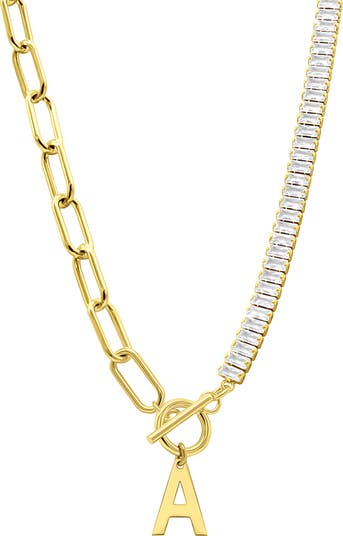 Initial Pendant Half Crystal Half Paper Clip Chain Necklace
