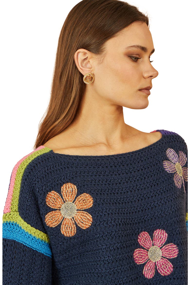 Crochet Flower Long Sleeve Jumper, Alternate, color, Navy