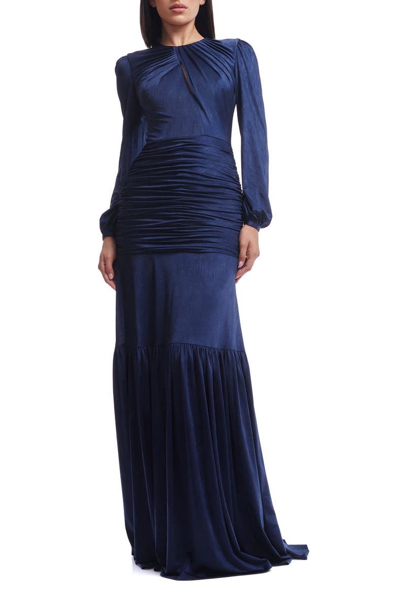 Lucille Pleated Ruched Long Sleeve Gown, Main, color, MIDNIGHT BLUE