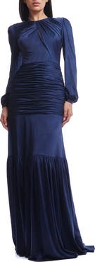 Dress the Population Lucille Pleated Ruched Long Sleeve Gown