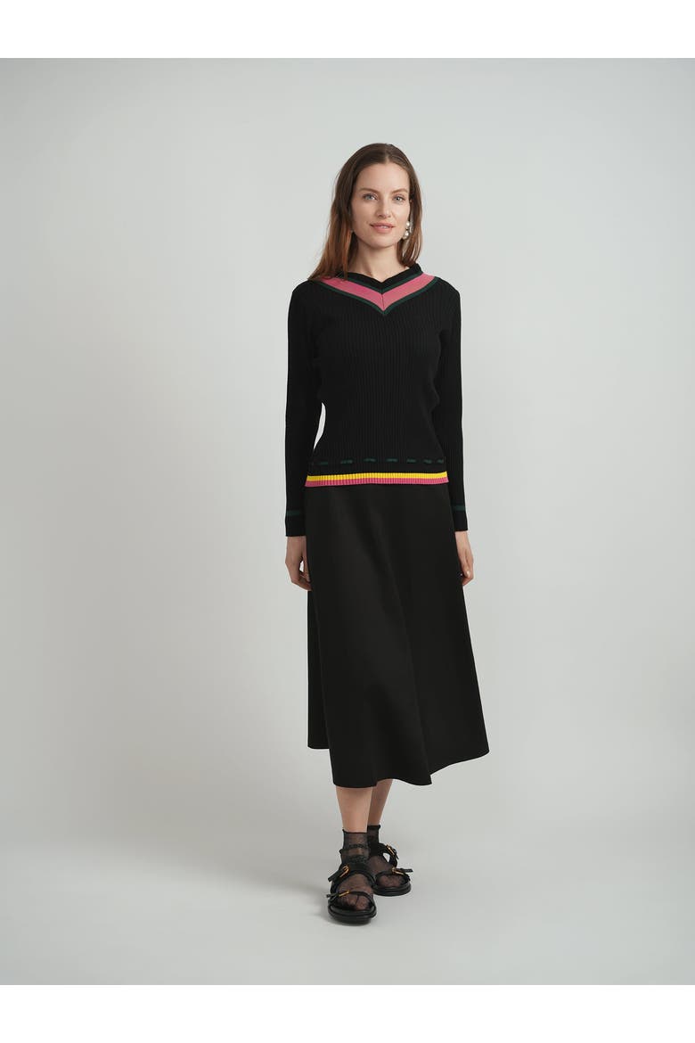 Contrast V-Neck Ruffle Rib Knit Sweater, Alternate, color, Black