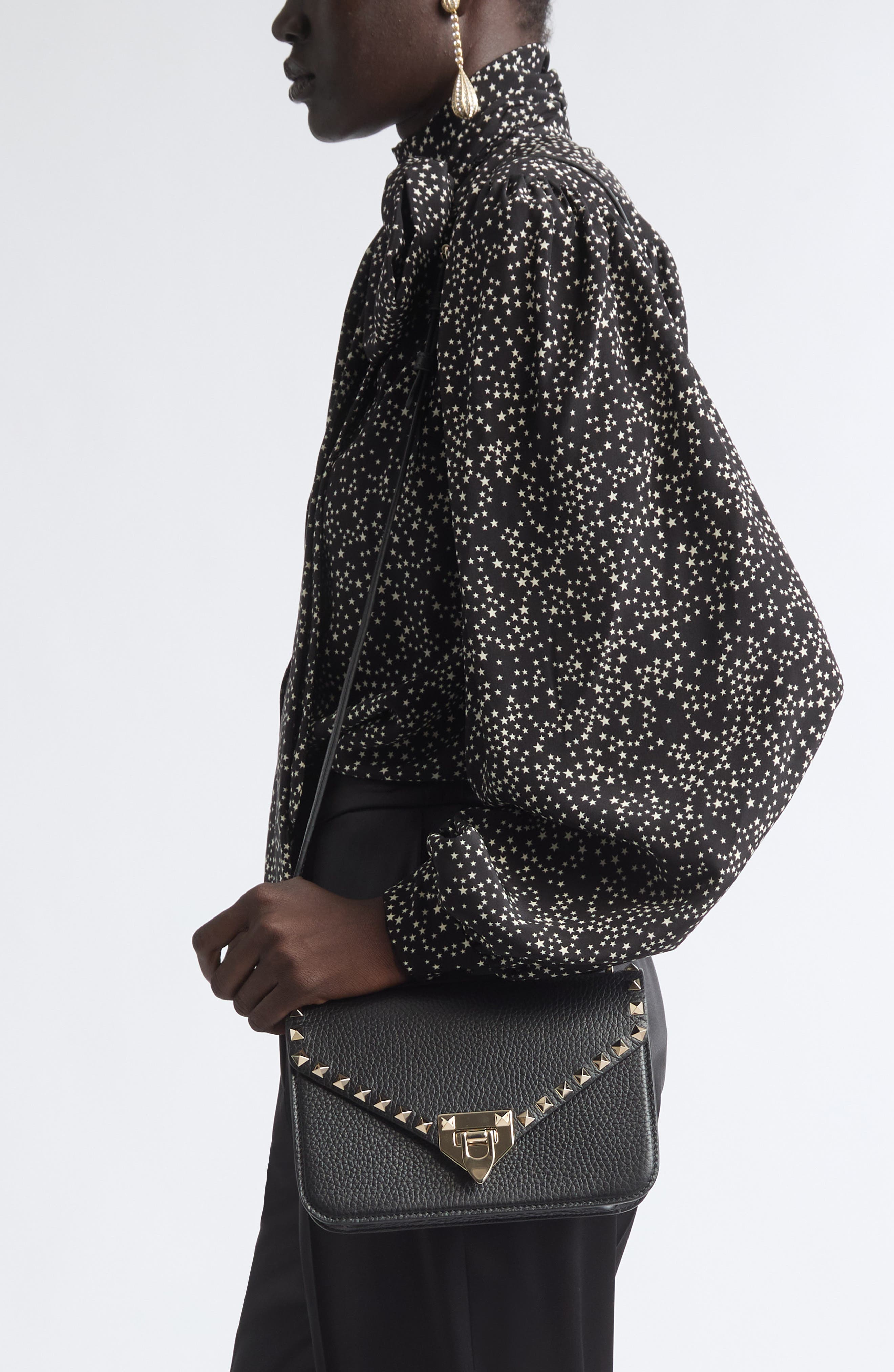 Small Rockstud Leather Shoulder Bag, Alternate, color, BLACK