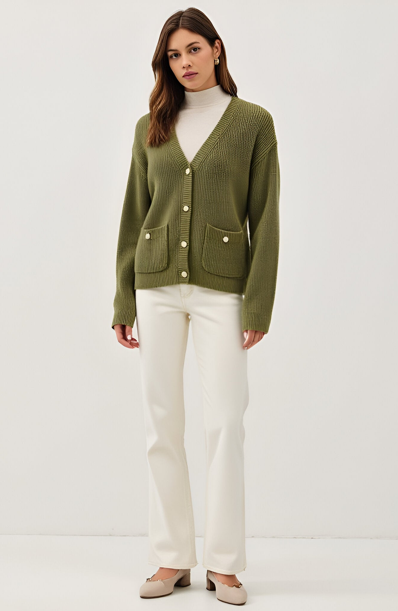 Modenaire Ribbed Button Down Cardigan, Alternate, color, Olive Green