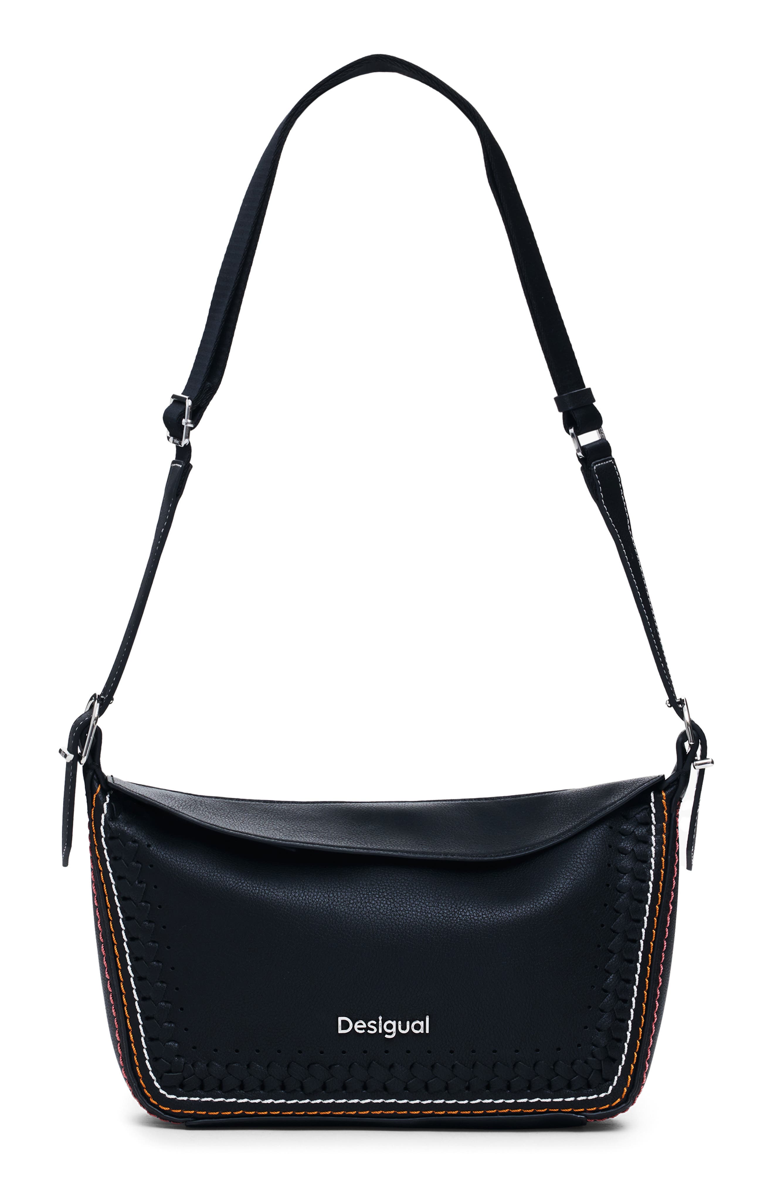 Desigual Topstitch Detail Faux Leather Shoulder Bag, Main, color, Black