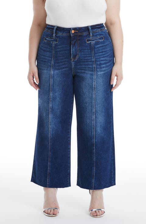 Seamed Raw Hem Ankle Wide Leg Jeans (Plus)