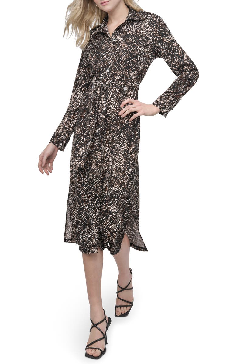 DKNY Long Sleeve Midi Shirtdress, Alternate, color, Black Multi