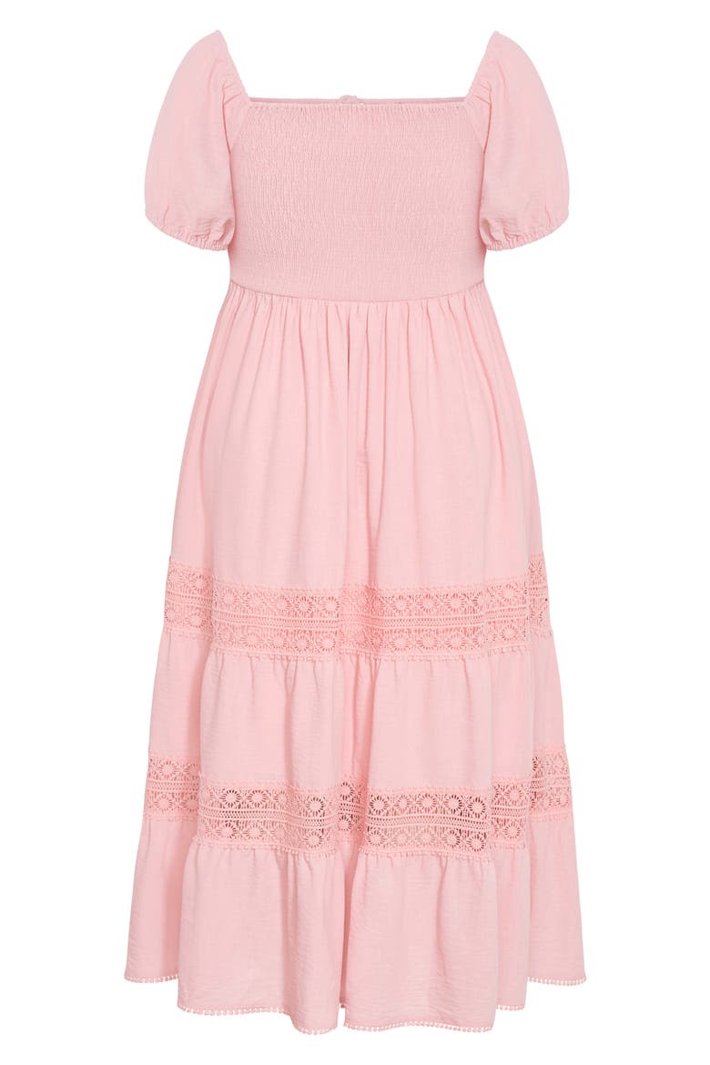 Haven Lace Trim Puff Sleeve Midi Dress, Alternate, color, PEACHY