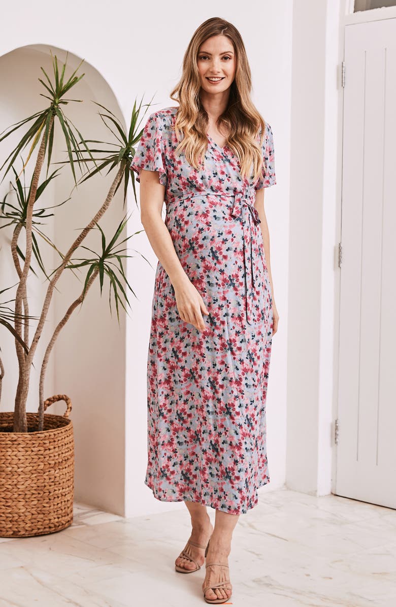 Angel Maternity Floral Midi Wrap Maternity Dress, Alternate, color, 