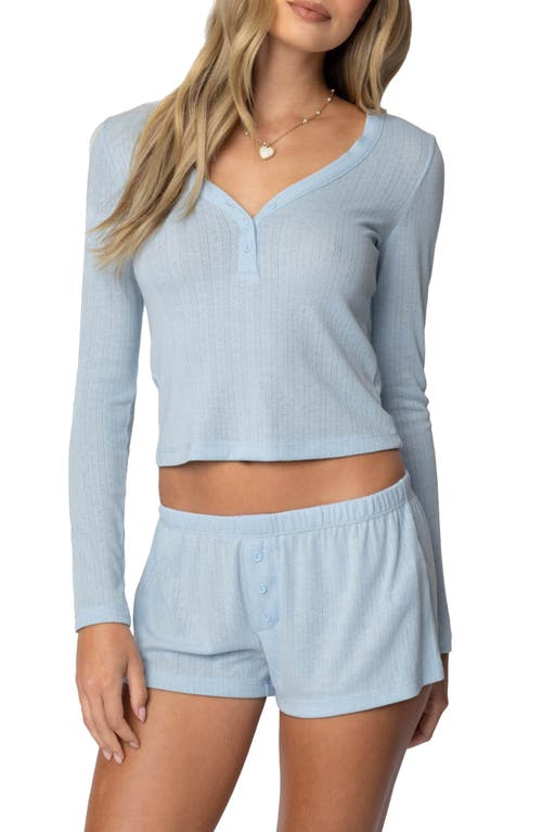Shop Edikted Keely Pointelle Long Sleeve Henley In Light-blue
