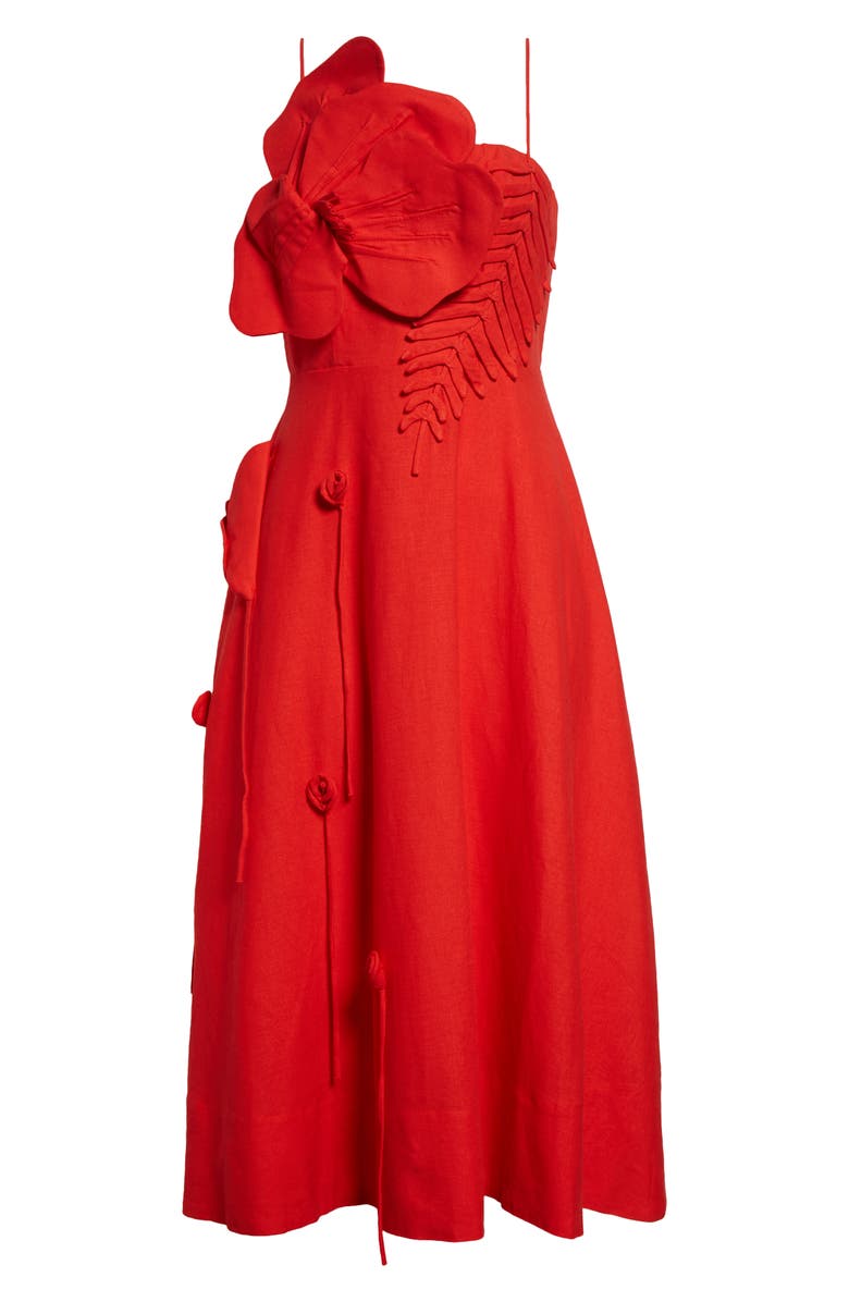 FARM Rio Red Garden Linen Blend Cocktail Midi Dress, Alternate, color, 