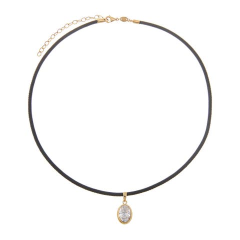 Lab Grown Diamond Oval Bezel Leather Chain Necklace 14K