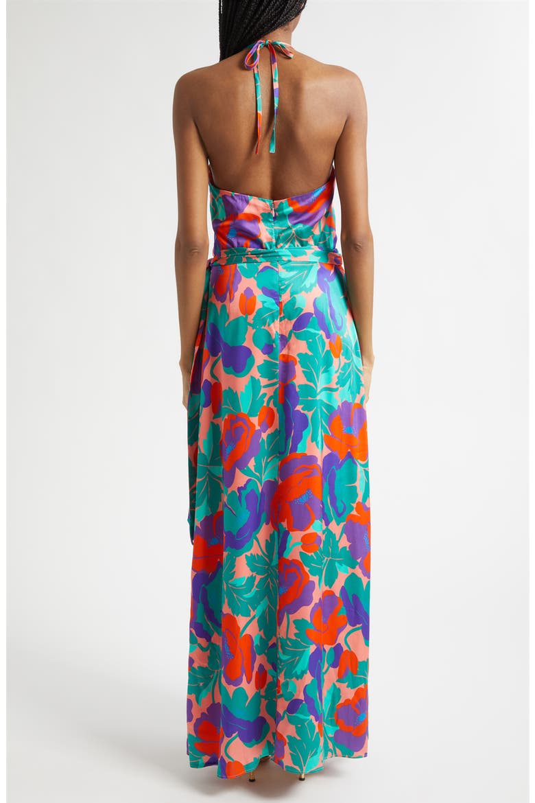 Corrine Floral Halter Neck Satin Gown, Alternate, color, CORAL FLORAL