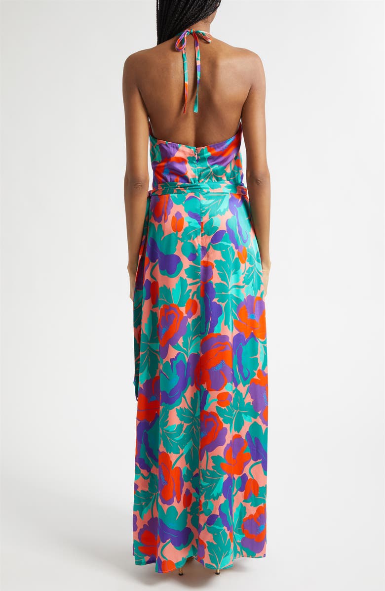 Ramy Brook Corrine Floral Halter Neck Satin Gown, Alternate, color, Coral Floral