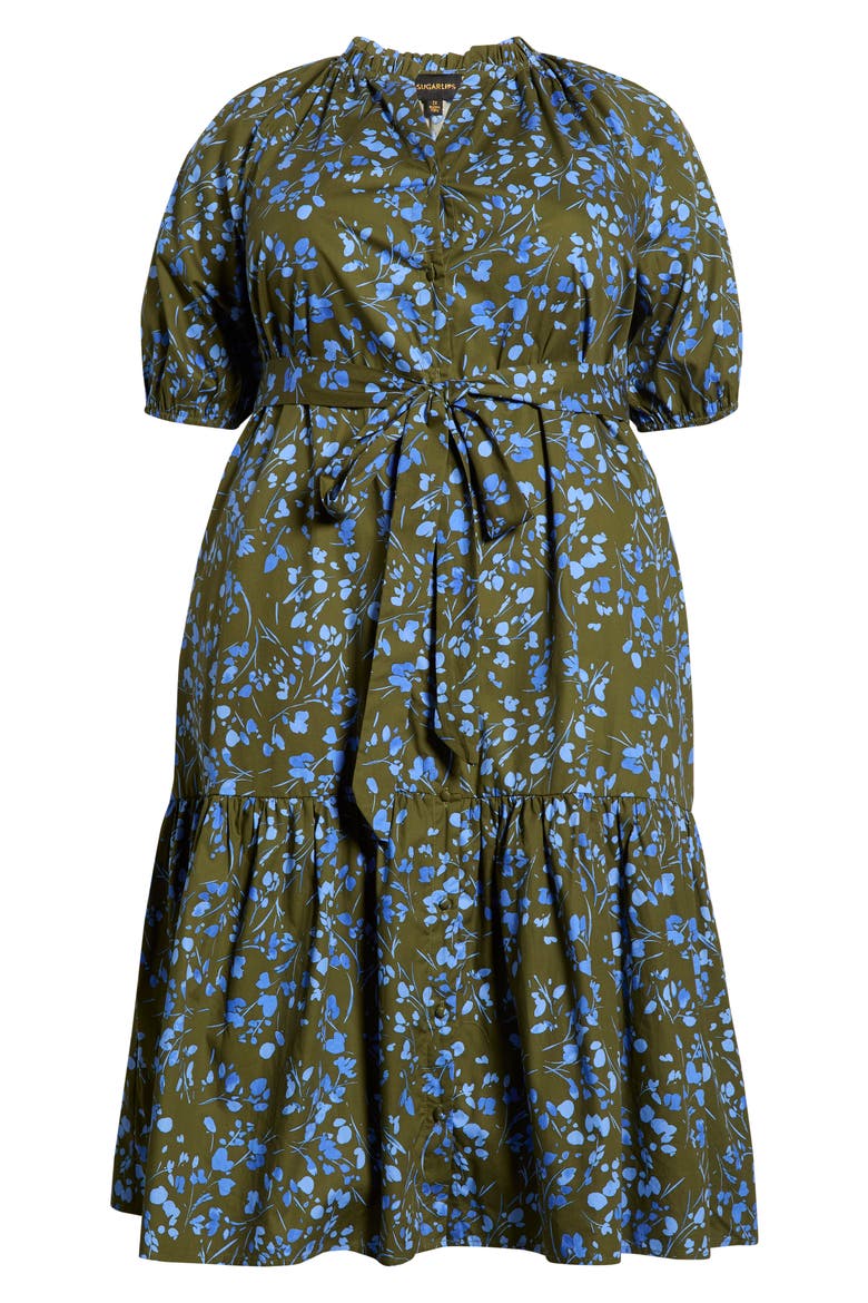 Solvay Floral Wynette Cotton Tiered Midi Shirtdress, Alternate, color, GREEN-BLUE-MULTI