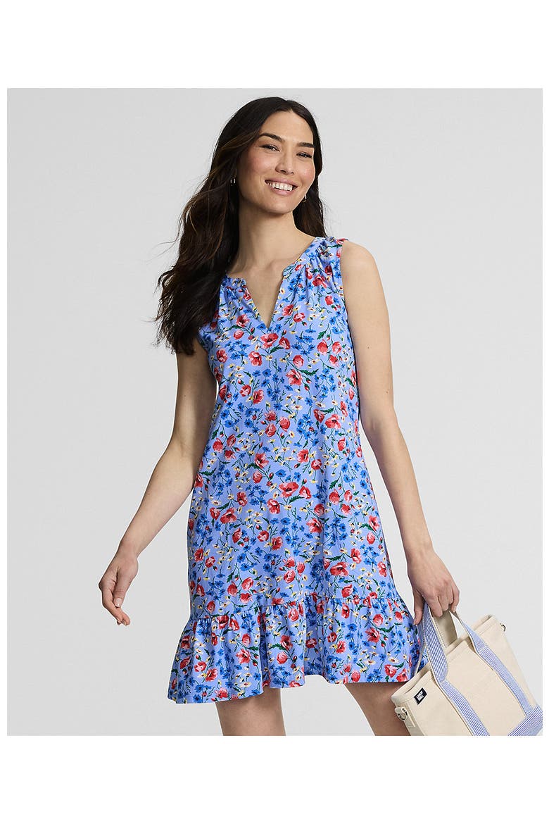 Petite Sleeveless Cotton Jersey Notch Neck Flounce Dress, Alternate, color, Clear Blue Sky Poppy Floral