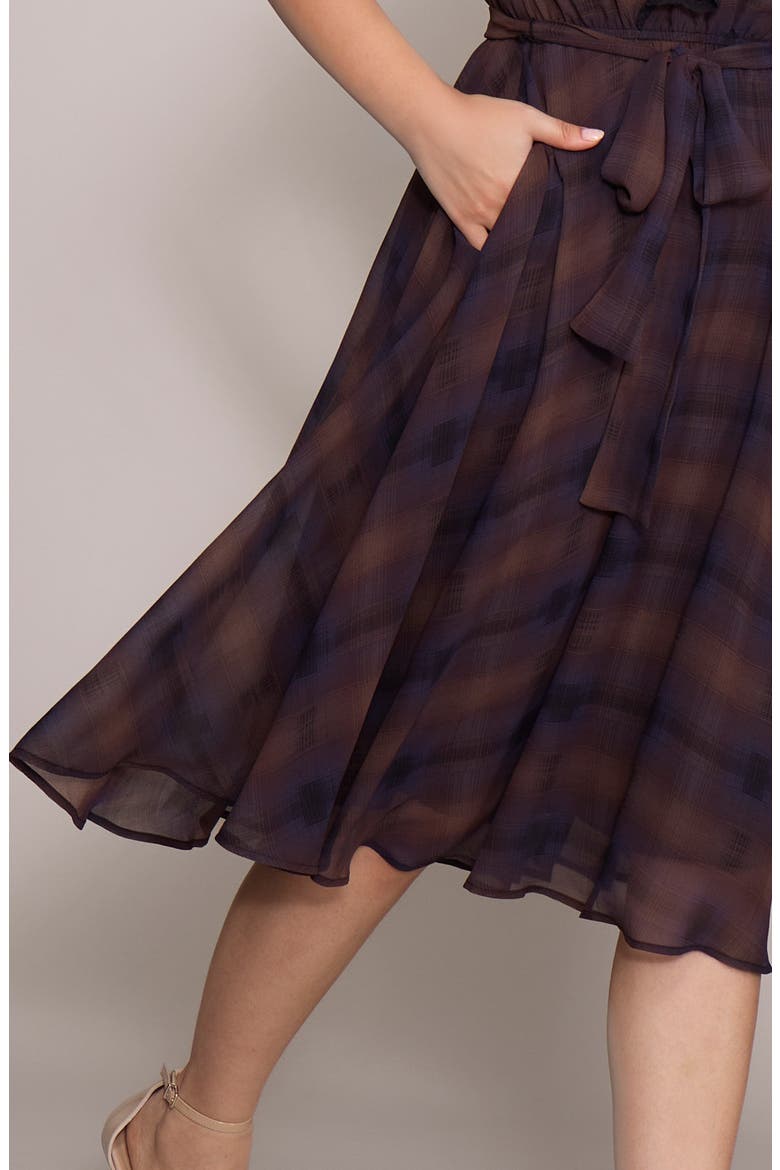 Lace Trim Plaid Midi Dress, Alternate, color, BROWN/ NAVY PLAID