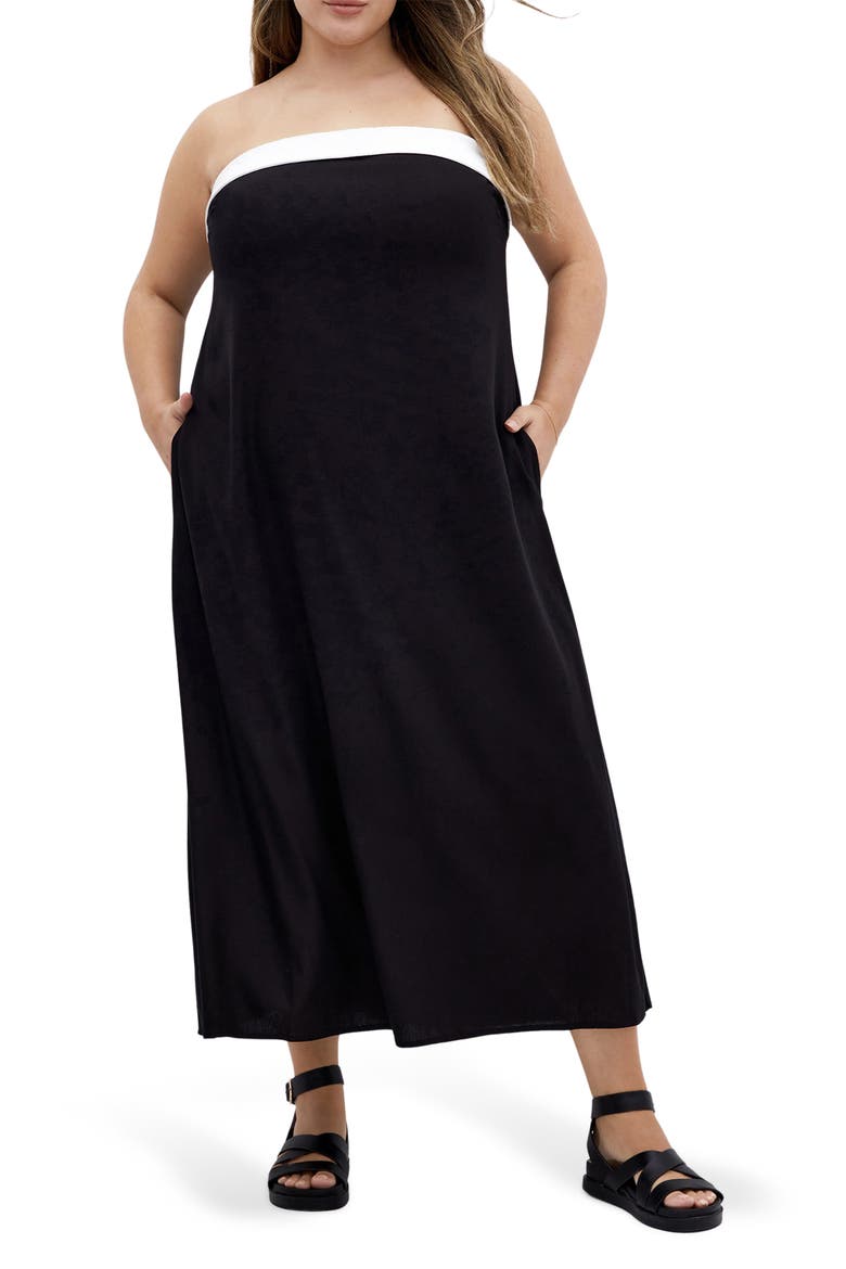 Lina Contrast Detail Strapless Dress, Main, color, BLACK