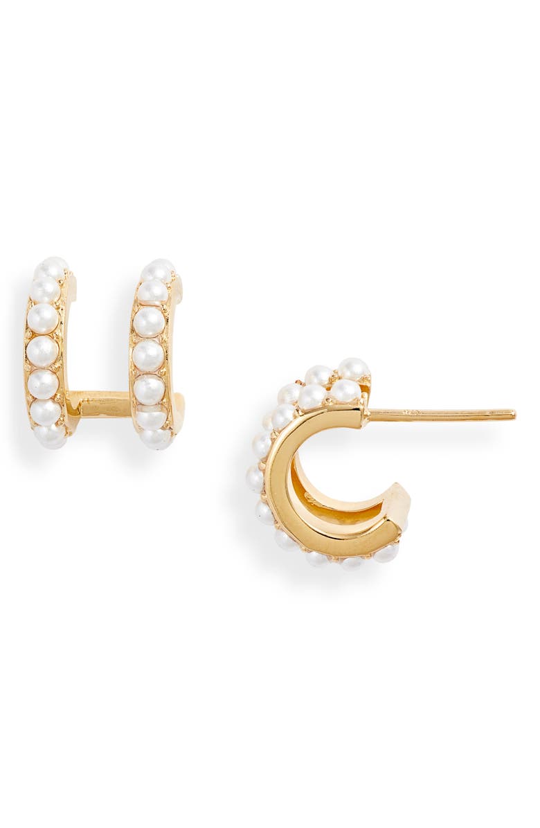Adina's Jewels Double Imitation Pearl Huggie Earrings, Main, color, 
