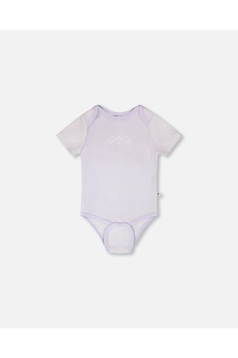 Evolutive Cotton Rib Jersey Printed Strawberries Bodysuit, Alternate, color, Lilac