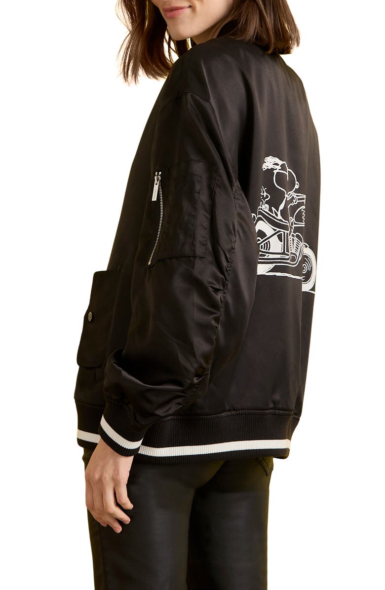 Sanctuary x Peanuts 75th Anniversary Right On Satin Bomber Jacket, Alternate, color, Black